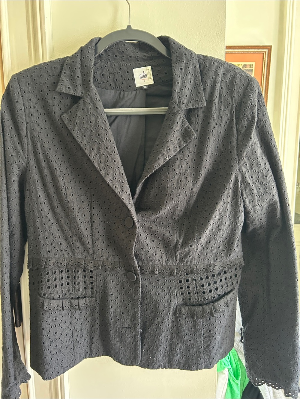 CAbi Black Eyelet Two-Button Blazer